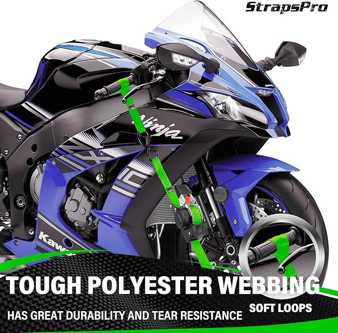 Retractable Ratchet Straps, 1763lb Break Strength Green Self Retracting Ratchet Straps Heavy Duty with Soft Loops, 1'' x 10FT Auto Tie Down Straps Easy Retract for Motorcycle, Truck, Cargo, 4 Pack