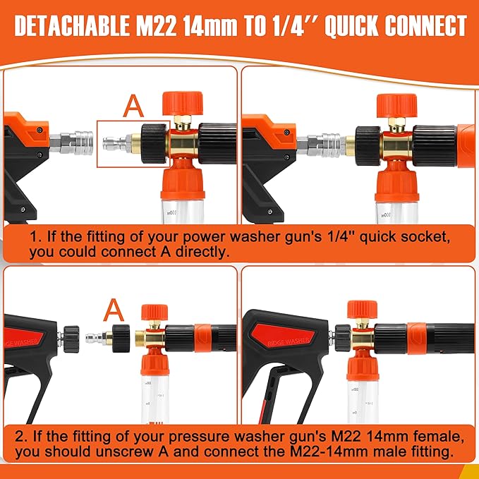 RIDGE WASHER Mini Foam Cannon Gun with Dual Connector, No Dilution Required, Pressure Washer Gun for Foam Blaster, 1/4" Quick Connect, 4000 PSI, 100 ML
