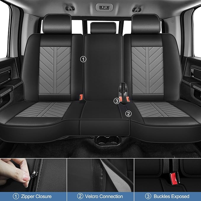 for Dodge RAM 1500 2500 3500 2012-2026 Full Set Seat Covers | Custom Fit Faux Leather Breathable Cooling Truck Bighorn Laramie Tradesman Crew Cab, Seat Protectors(5 Seats, Black & Grey)