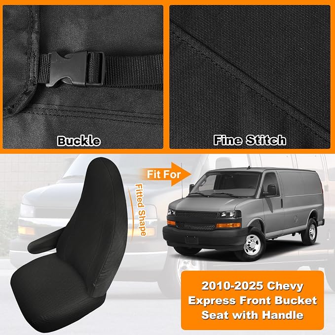 Seat Covers Compatible with 2010-2025 Chevy Express Front Bucket Seats with Opening for Grab Handle on Passenger Side Backrest, NOT for RV Seats (Black, 2010-2024 Express Front (Knitted))