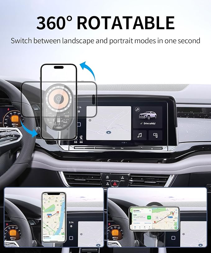 Wireless Charging Car Phone Holder for Volkswagen Atlas/Altas Cross Sport 2024-2026, 12" Screen Fixed Clip, 360° Rotation Car Phone Mount Compatible with MagSafe