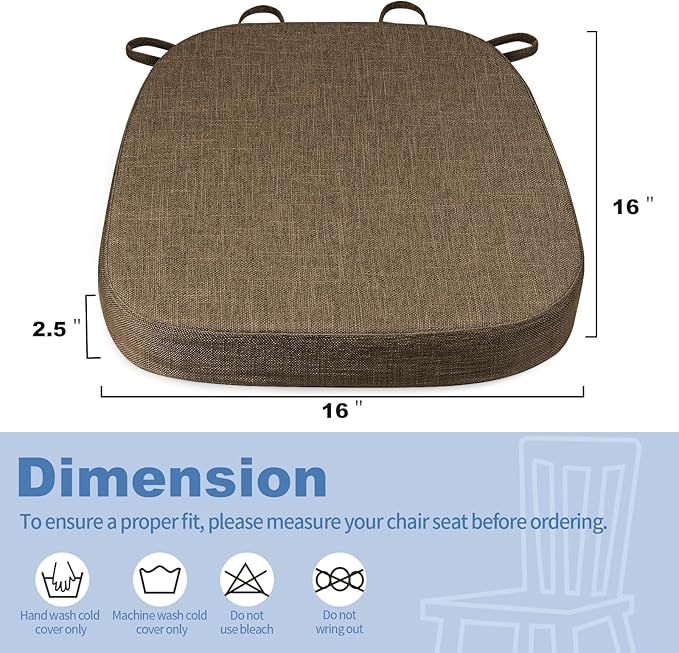 BUYUE Thickened 2.5" Dining Chair Cushions Set of 6, U-Shape High Density Foam Comfortable Chair Pads for Kitchen, Slip Resistant Indoor Seat Cushions (6 PCS, Brown)