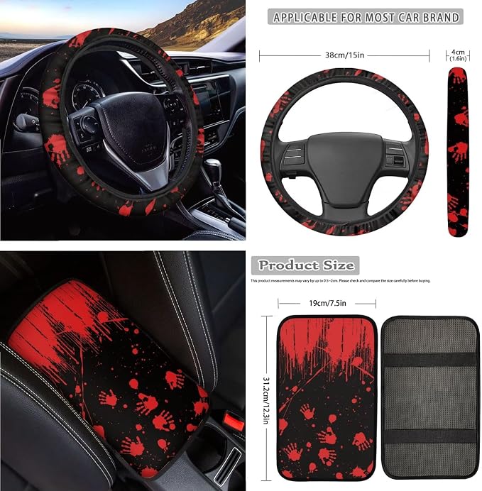 Bloody Hand Print Full Seat Covers for Cars, Universal Decorative Headrest Covers Steering Wheel Cover Safety Belt Pad Armrest Cushion Gear Lever Cover Handbrake Protector, etc