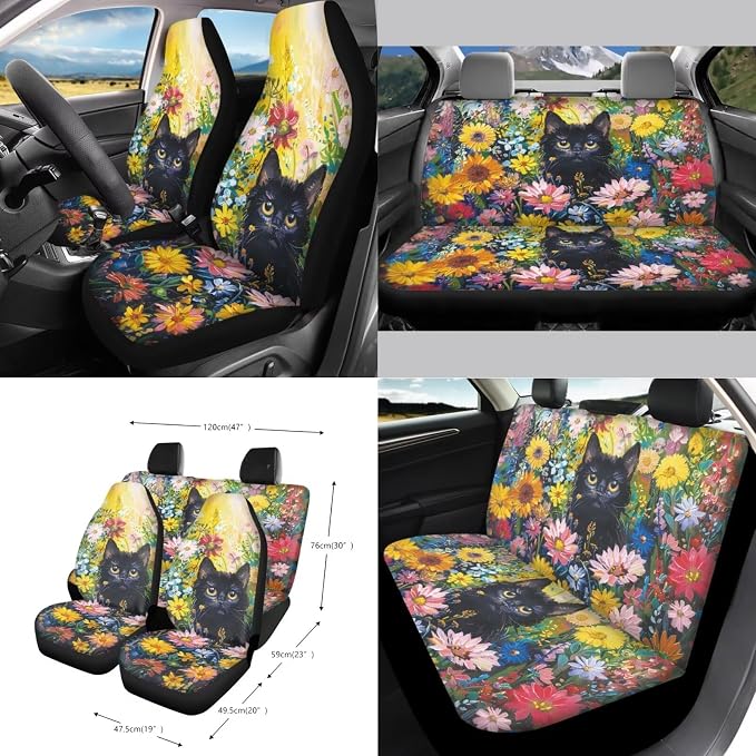 Cat Daisy Sunflower Pattern 15 PCS Car Interior Accessories, Oil Painting Car Seat Covers + Steering Wheel Cover + Seat Belt Pad + Trash Can + Keychain + Air Vent Storage Bag + Coasters