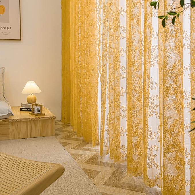 Sutuo Home Gold Lace Curtains 84 Inches Long 2 Set, Sheer Panels Floral Embroidery Vintage Voile Window Treatment Pair for Bedroom Living Room Kitchen, Retro Christmas Decor Rod Pocket, W57 x L84
