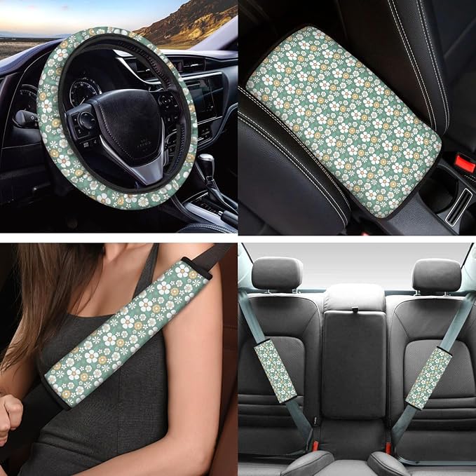 Vintage Groovy Flower Car Seat Covers Set for Women Men,Green 70S 80S Floral Cute Steering Wheel Cover for Cars,Universal Fit Seatbelt Pads Armrest Cushion Keychains
