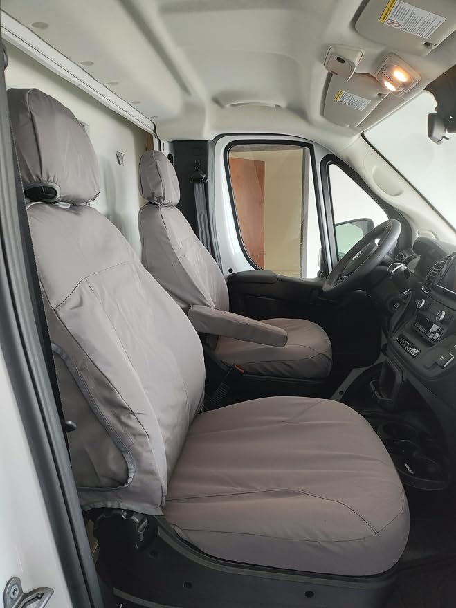 Durafit Seat Covers. D1338-C8. Made to fit 2013-2024 Promaster Van Exact Fit Front Bucket Seat Covers, Gray Waterproof Endura, Sold in Pairs Not for Rv Seats, armrest on Drivers only.