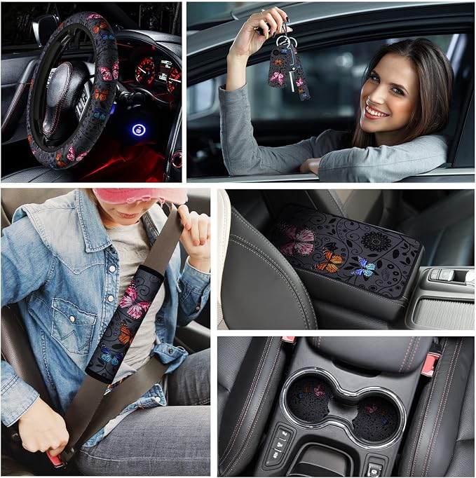 Tallew 22 Pcs Butterfly Car Seat Covers for Women Accessories Steering Wheel Cover Cute Butterfly Air Vent Clip Center Console Pad Cup Holder Seat Belt Pads Keychain for Most Car