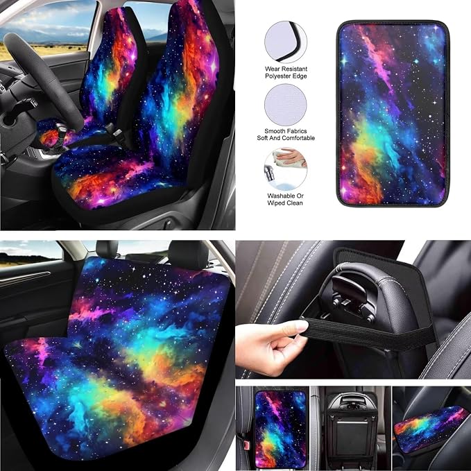 Starry Sky Car Seat Cover Full Set Colorful Galaxy Universe Outer Space Painting 13 Pcs Print Front/Rear Split Bench Protection Universal Fit for Auto Truck Van SUV