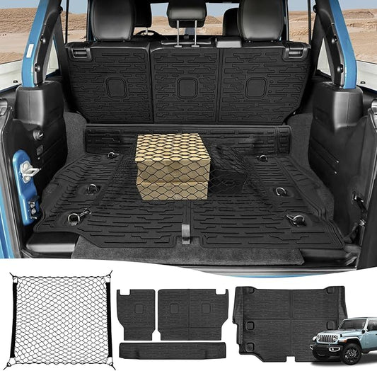Cargo Mats & Trunk Net for 2021-2024 Jeep Wrangler JL 4XE Trunk Mat Backrest Liner with Cargo Net All Weather Anti-Slip Rear Back Seat Mats Cargo Net for Wrangler JL 4XE 4 Door Accessories