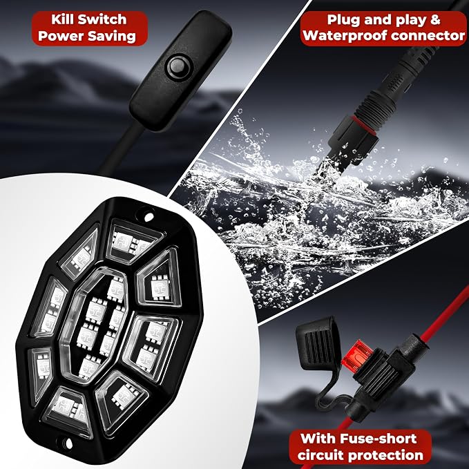 12 Pods 9 Side 216 LEDs Rock Lights, App/2 Remote Control RGB Underglow Lights Compatible with 12V Trucks Jeep UTV ATV Golf Cart,Brake Signal,Waterproof,Music Mode,Plug and Play,Multi-Color(Patented)