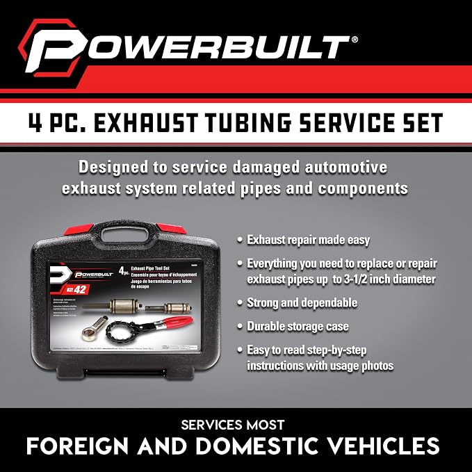 Powerbuilt 4 Piece Exhaust Pipe Tool Set, Repair Tailpipes, Expanders, Removing Dents, Chain Cutter, Nut Splitter, Import and Domestic Vehicles 648612