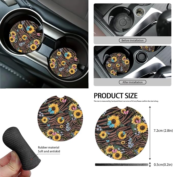 Sunflower Butterfly Stripe Print Car Seat Covers Full Set, Car Accessories Set of 13, Soft Steering Wheel Cover + Seat Belt Cover + Cup Holder Coasters Universal Fit for SUV Truck Van