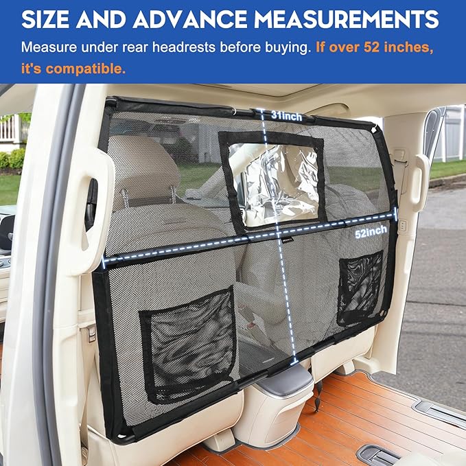 52" Dog Car Barrier for SUV, Wide Escape-Proof & Chew-Proof Dog Car Divider with Removable Visual Window & 2 Storage Pockets, Pet Net Gate for Behind Front Seats, Fits Sedans Cars Trucks