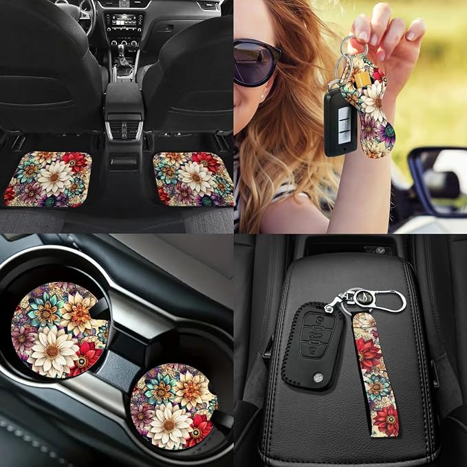 Hippie Lotus Car Seat Covers Full Sets with Front and Split Rear Bench Steering Wheel Cover Car Floor Mats Set of 4 Mandala Lotus Car Accessories Set 17 Pcs Universal Fit for Most Car SUV