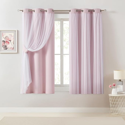 Bujasso Pink Blackout Curtains with Sheer Overlay Mix and Match Double Layer 80% Room Darkening Window Treatment Set for Girls Bedroom Living Room Pink Drapes with Tiebacks Grommet Top 37" Wx63 Lx2
