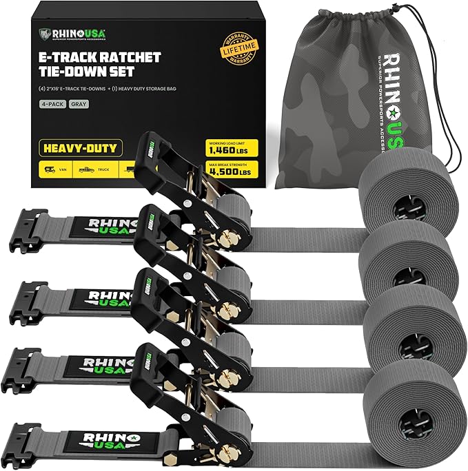 Rhino USA E Track Ratchet Tie Down Straps (4,500lb Break Strength) - Includes (4) Premium 2" x 16' eTrack Tie Downs - Ultimate Heavy Duty eTrack Cargo Strap System for Trailer, Truck, Motorcycle