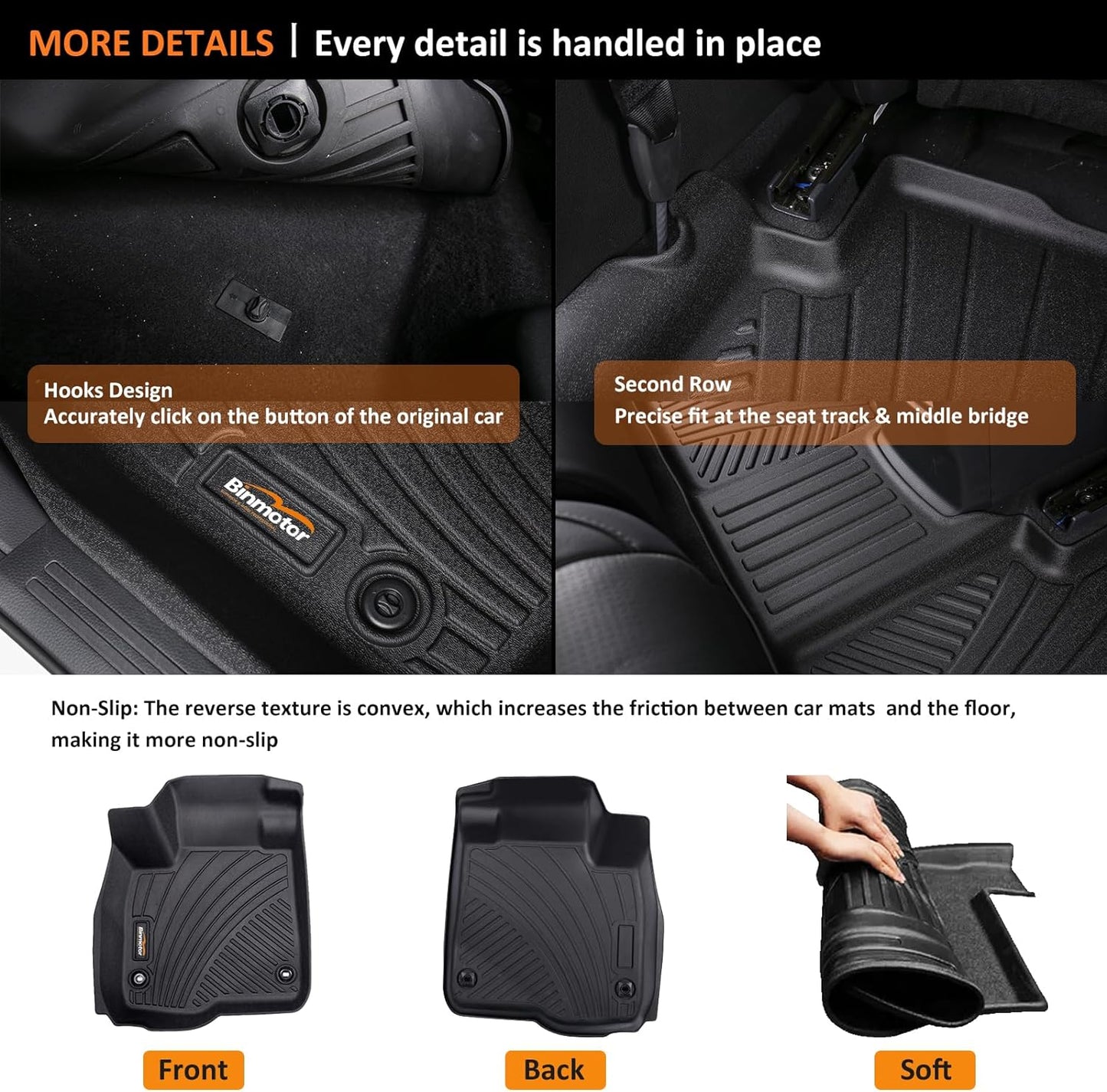 Binmotor-All Weather Floor Mats for Hyundai Santa Cruz 2025 2024 2023 2022, Full Set, Heavy Duty Car Floor Liners-Black for Santa Cruz Accessories