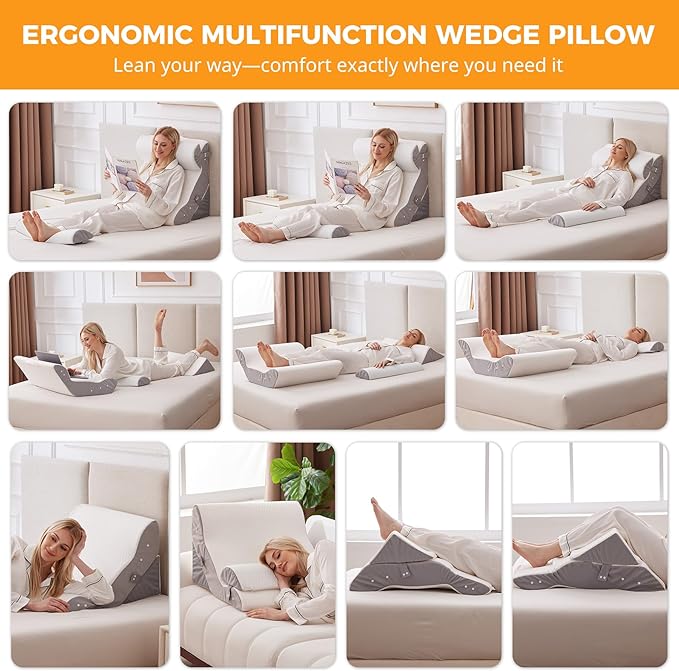 Ruqmuis 4PCS Wedge Pillow Set for After Surgery, Adjustable Back Pillow for Bed Sitting up, Acid Reflux, Bed Wedge Pillow Headboard for Sleeping & Snoring, Orthopedic Pillow for Post Surgery, White