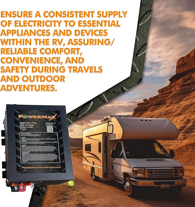 PowerMax PM3 75LK RV Power Converter - 12 Volt 75 Amp with 3 Stage Smart Charging Mode, Lithium Compatible