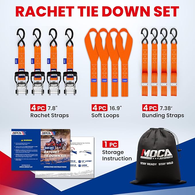 MOCA Orange Heavy Duty Ratchet Tie Down Straps - 5200 Lbs Breaking Strength 1.6" x 8', Includes 4 Heavy Duty Ratchet Padded Handles & Coated Chromoly S Hooks & 4 Soft Loop Tie-Downs