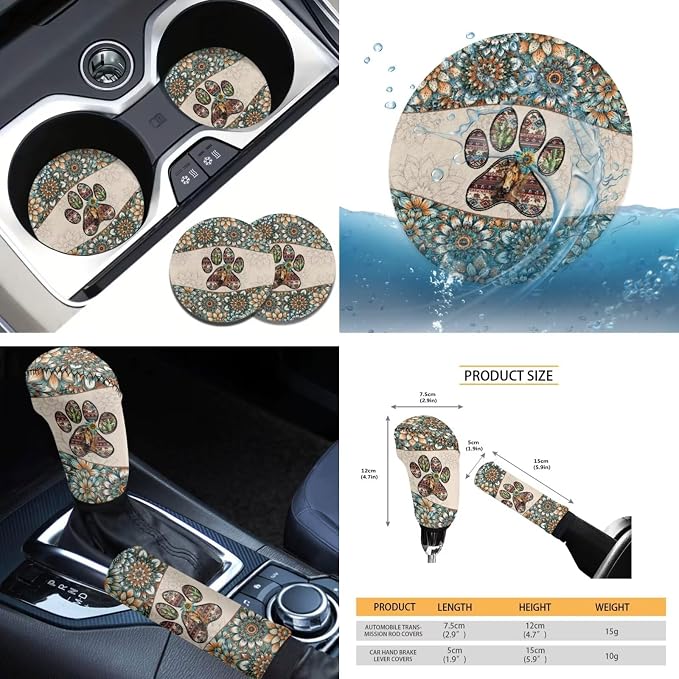 Tupalatus Fashion Car Seat Covers Front Set of 9 with Steering Wheel Cover Auto Seat Belt Cover Coasters Gear Shift Cover Hand Brake Cover Automotive Interior for Men Women Paw Print Flower