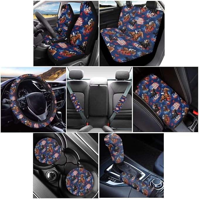 Wanyint Kentucky Horse Racing Car Seat Covers Full Set 12 Pieces, with Steering Wheel Seat Belt Covers Armrest Pad Handbrake Gear Shift Knob Cover Cup Coaster Universal Fit, American Flag Horse Navy
