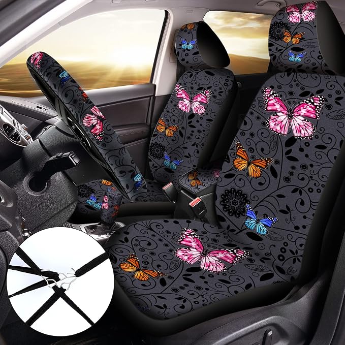Tallew 22 Pcs Butterfly Car Seat Covers for Women Accessories Steering Wheel Cover Cute Butterfly Air Vent Clip Center Console Pad Cup Holder Seat Belt Pads Keychain for Most Car