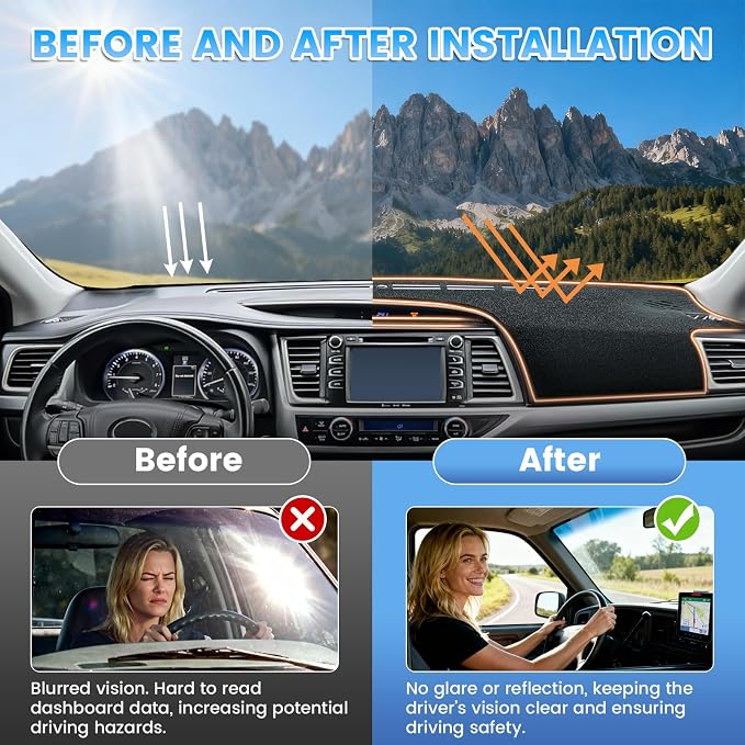 KUST Black Dash Cover Compatible with Toyota Highlander 2014-2019 Dashboard Cover Accessories for Highlander Non-Slip Polyester Dashboard Mat Custom Fit Center Console Sunshield Protector No Glare