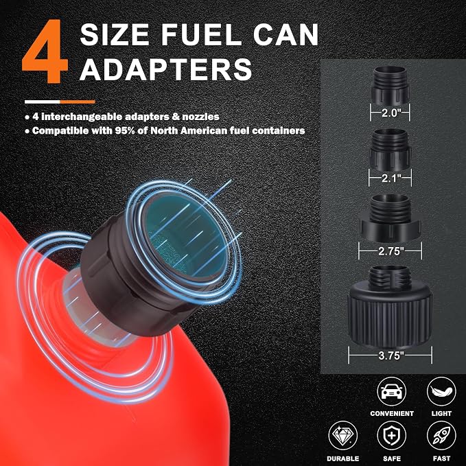 Gas Can Fuel Pump Portable - Gifts for Men, Fast 3.2 GPM Flow Rate, 51” Long Vinyl Hose, 4 Tank Adapter, for Gasoline, Kerosene, Diesel, Non-Potables black