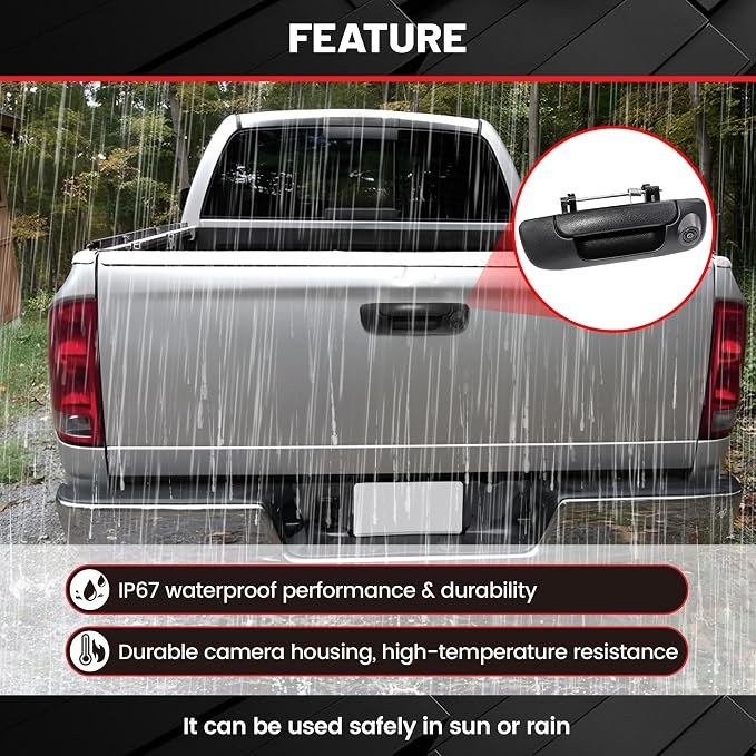 RED WOLF Tailgate Handle w/Backup Camera Compatible with 2002-2008 Dodge Ram 1500 2500 3500 Tailgate Door Rear View Reverse Backup Camera with RCA Plug Parking Guideline Available Waterproof