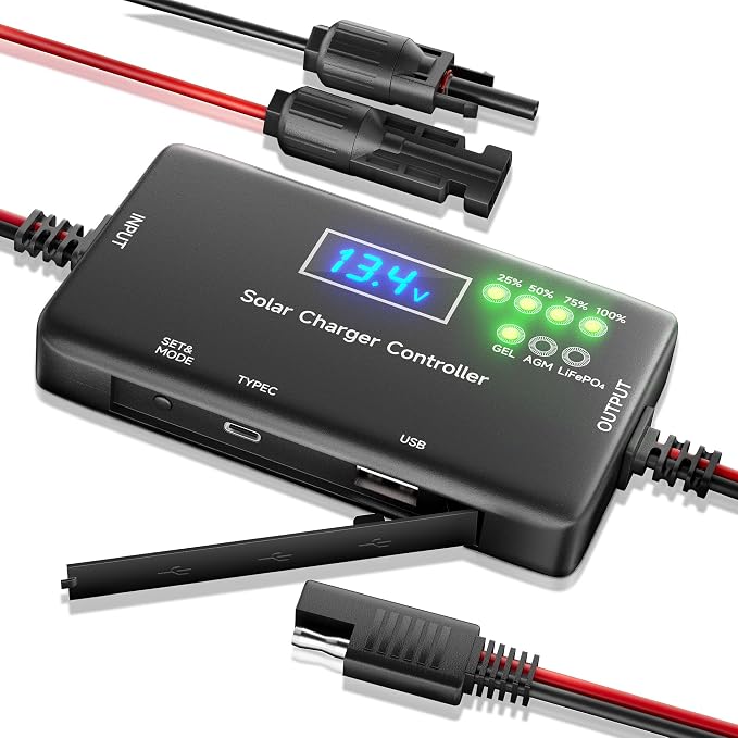 Solar Charge Controller 12V 20A, Solar Panel Charge Controller with Type-C and USB Output for Solar Panel and Gel, AGM, LiFePO₄ Battery