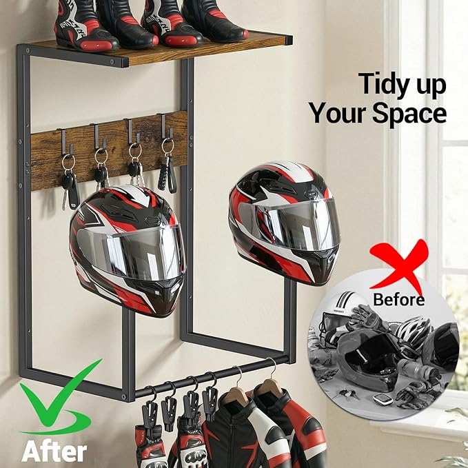Housolution Motorcycle Helmet Wall Mount, Helmet Holder with 4 Glove Chips and 4 Hooks for Riding Suits & Accessories, Helmet Stand Display for Bike, Caps, Baseballs and Rugby Helmets for Garage