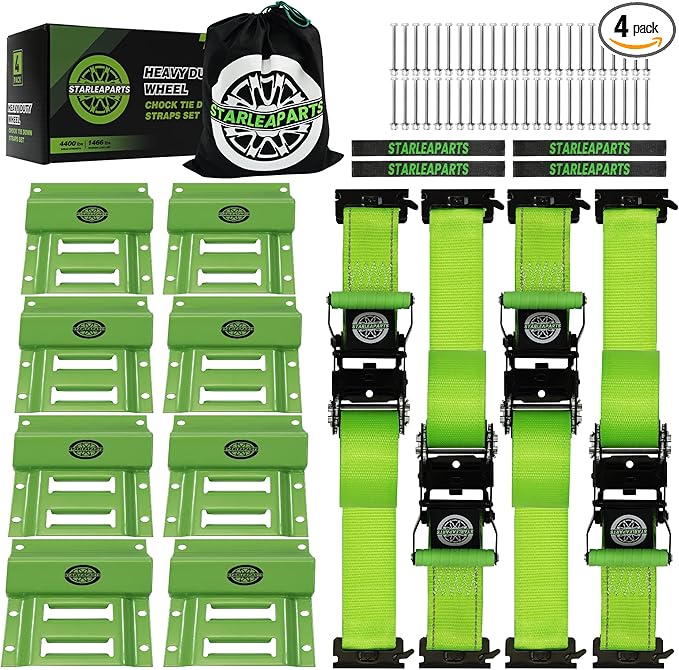 Heavy Duty Wheel Chock Tie Down Straps Set (4PK) - 4,400lb Guaranteed Max Break Strength, (2) 2" x 8' Trailer Tire Straps with (8) Wheel Chocks for ATV, UTV or Tractors
