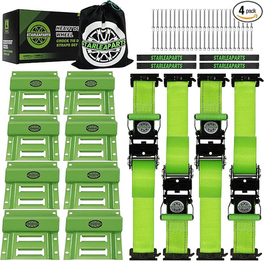 Heavy Duty Wheel Chock Tie Down Straps Set (4PK) - 4,400lb Guaranteed Max Break Strength, (2) 2" x 8' Trailer Tire Straps with (8) Wheel Chocks for ATV, UTV or Tractors