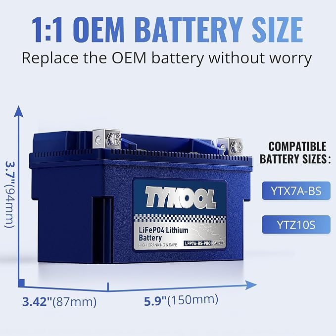 TYKOOL YTX7A-BS -Pro 12.8V 4Ah 240CCA High Performance Lithium Powersports Battery with Smart BMS, Compatible Motorcycle, Scooter,ATV, UTV, Snowmobiles,4 Wheeler, Lawn Mower, and Generator Battery