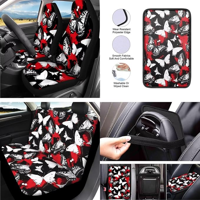 Butterfly 13 Pcs Universal Car Seat Covers Set, Silhouette Black White Butterflies Steering Wheel Cover Cup Coasters Trucks Sedan SUV Cover Armrest Cushion Pad