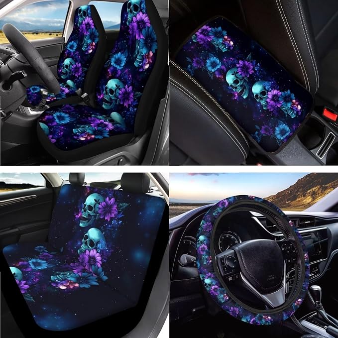 Skull Floral Printed Auto Seat Protector with Stretchable Armrest Pad Cover Waterproof Lipstick Holder Keychain Car Coaster Non Slip Car Seat Cover Full Set Auto Accessories Set, 15 Pack