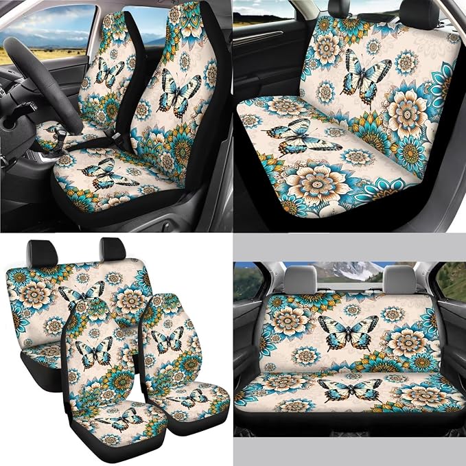 Boho Mandala Butterfly Pattern Car Accessories Set of 13, Front and Rear Seat Covers Full Set, Soft Steering Wheel Cover, Safe Belt Covers, Coasters, Wear Resisting Interior Covers