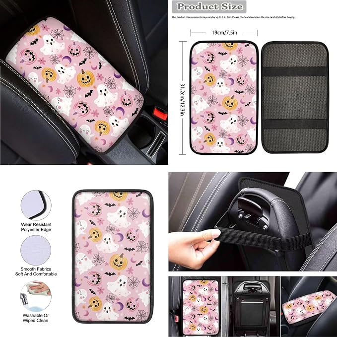 Cute Pink Halloween Print Car Seat Covers Full Set with Auto Steering Wheel Cover Auto Center Console Pad Seat Belt Covers Universal Fit SUV Truck Cars Halloween Decoratoions Gifts