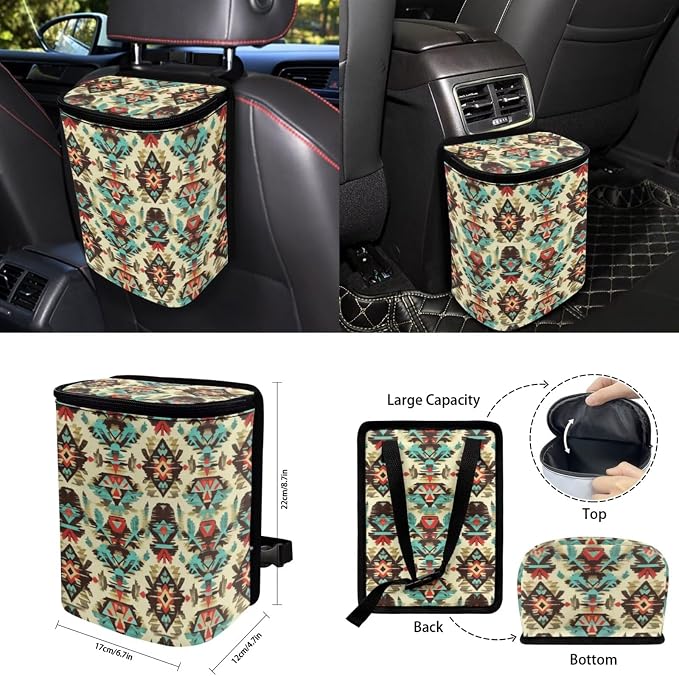 Navajo Aztec Car Accessories Car Seats Cover Protector, Steering Wheel Covers, Seatbelt Cover, Car Trash Can, Cup Coasters, Rearview Mirror Cover, Keychains, Pack of 15