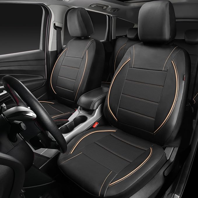 CAR PASS Universal FIT Piping Leather Car Seat Cover, for suvs,Van,Trucks,Airbag Compatible,Inside Zipper Design and Reserved Opening Holes (Full Set, Black and Beige)