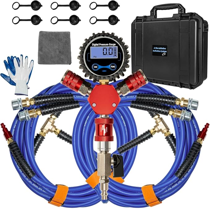 MILADO 4 Tire Inflation System, 4 Way Tire Inflator Deflator with Hard-Shell Storage Case, Off Road Tire Inflator with Gauge, Air Down Tire Deflators Kit for Trucks Jeeps Fits Up to 155" Wheelbase