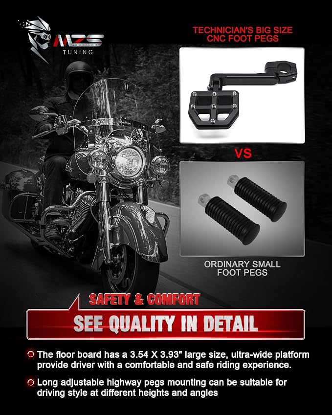 MZS 1.25" Highway Pegs, Motorcycle Adjustable Highway Foot Pegs Mount Long Angled CNC Aluminum Compatible with Sportster Softail Road King Street Glide Electra Dyna Vulcan VTX for 1 1/4 Engine Guard