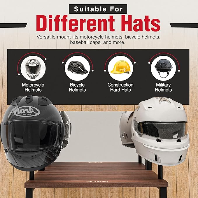 Motorcycle Helmet Holder Wall Mount with Mirror, Rustic Helmet Rack & Gear Hooks, Helmet Hanger Wall Mount for Gloves, Keys & Accessories, Wood & Metal Helmet Display Organizer for Entryways/Garages
