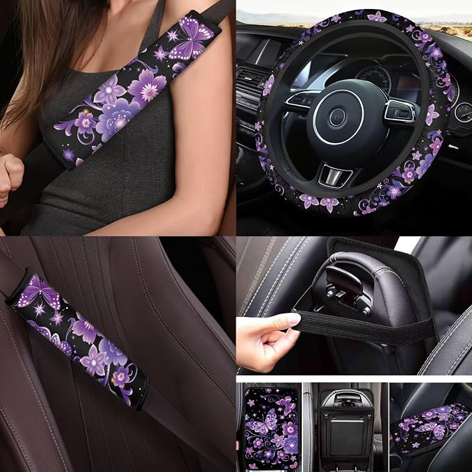 Purple Butterfly Car Cover Seats Full Set of 17 Pcs Purple Butterfly Car Accessories Set with Car Mats Full Set Steering Wherl Cover Seat Belt Cover Pad Center Console Cover,Universal Fit