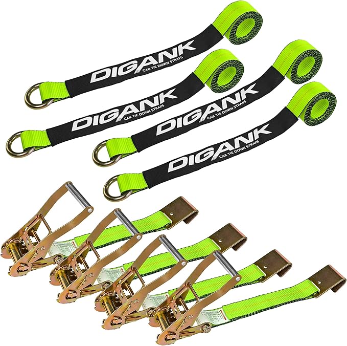 Car Hauler Straps (4PK) – 2'' X 96'' Webbing with Flat Hooks for Reliable Tire Securing on Trailers, Cars, Jeeps, and SUVs