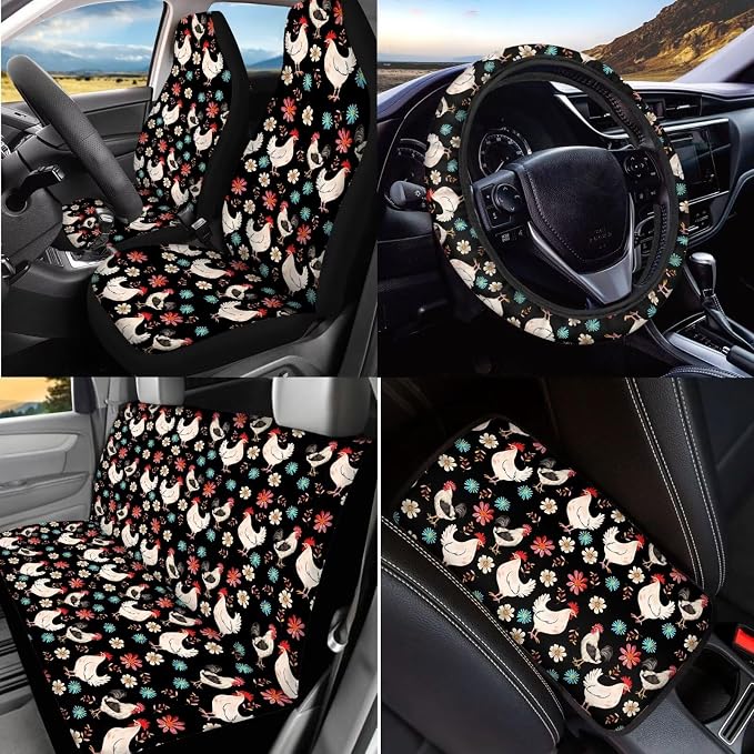 BIGCARJOB Chicken Flower Auto Front Rear Seat Covers Full Set for Women Car Interior Sets 15 Pcs Chicken Print Car Seat Cover Set Satefy Seat Belt Pads Car Seat Head Rest Cover Cup Mats