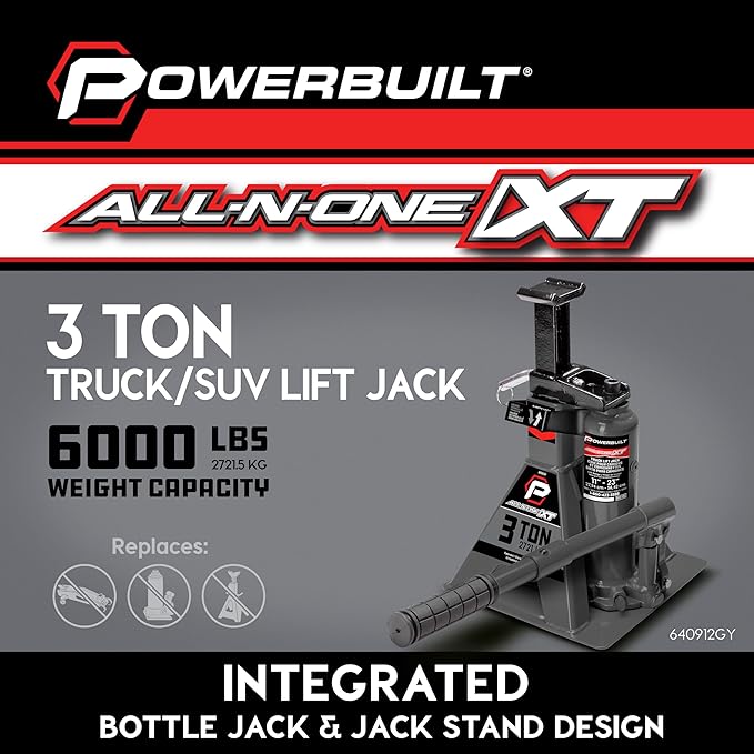 POWERBUILT 3 Ton All-in-One Hydraulic Bottle Jack and Jackstand in One, Compact, Wide Base, 11-21 Inch Range, Eliminates Jackstands, for Trucks, SUVs, RVs, Trailers, ASME, Not for Sedans - 640912
