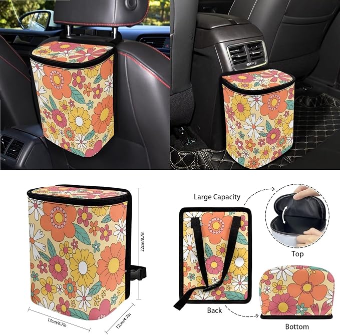 Vintage Hippie Floral Print 15Pcs Car Seat Cover Full Set Car Steering Wheel Cover Seat Belt Cover Trash Bin Air Vent Storage Box Front Rear View Mirror Car Cup Holder Keychain